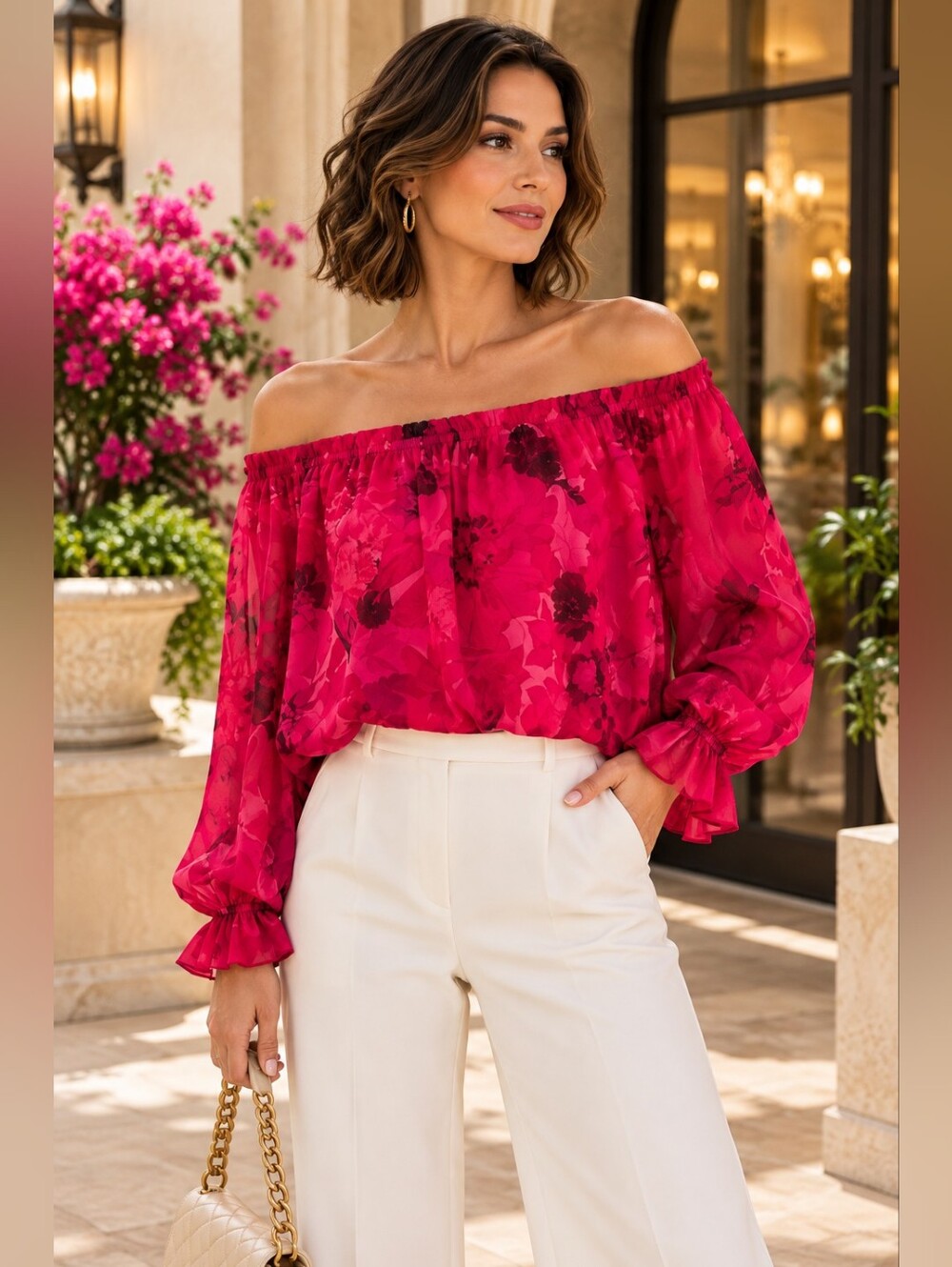 CeCe Fuchsia Floral Off-Shoulder Blouse, Size M